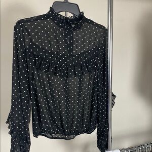 Black and White Puff Sleeve Ruffled Blouse